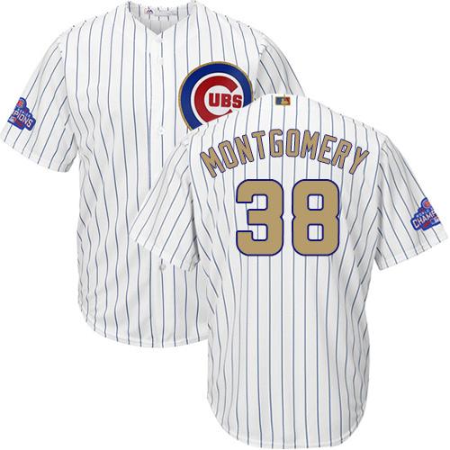 Cubs #38 Mike Montgomery White(Blue Strip) Gold Program Cool Base Stitched MLB Jersey - Click Image to Close